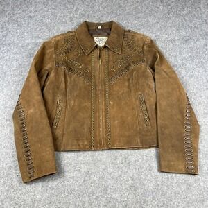 Cripple Creek Womens XL Brown Leather Studded Western Lace Up Zip Jacket Brass
